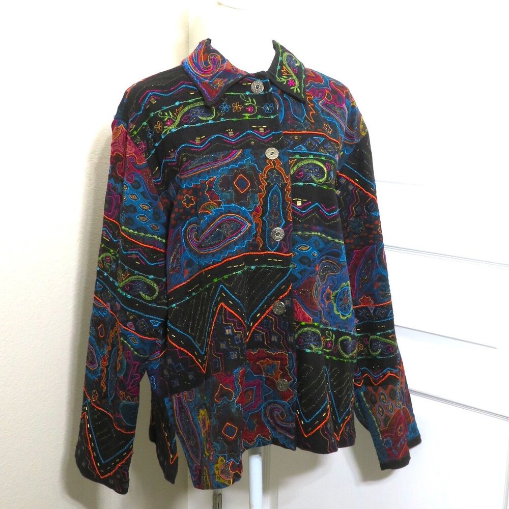 Chico's Jacket Embroidered Abstract Artcore Paisley Multicolor Women's Size 2 Lg